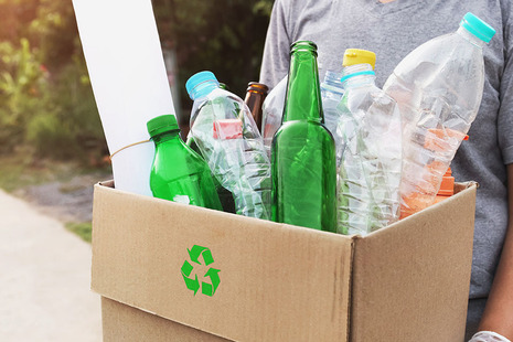 Person holding a cardboard box with a green recycling symbol, filled with green glass bottles and clear plastic bottles, in an outdoor setting with greenery and sunlight.
