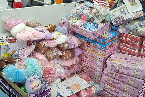 Stacks of counterfeit boxes of Labubu dolls