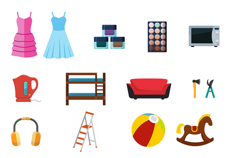 Montage of clothing, cosmetics, electrical products, furniture, garden equipment, PPE, tools and toys.