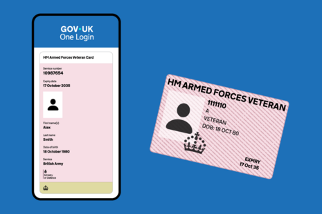 A phone screen showing a digital Veteran Card in the GOV.UK One Login app, alongside a physical Veteran Card