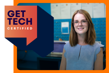 A woman standing in front of a blue background with several documents or certificates displayed on the wall. On the left side, a large graphic reads "Get Tech Certified" in bold letters.