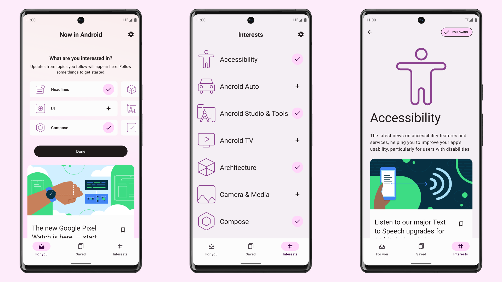 Screenshot showing For You screen, Interests screen and Topic detail screen Screenshot showing For You screen, Interests screen and Topic detail screen