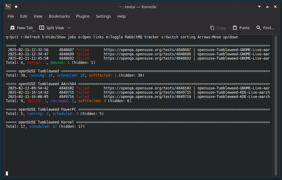 Screenshot of a terminal running openqa-revtui showing four failed jobs in purple and a couple of empty job groups