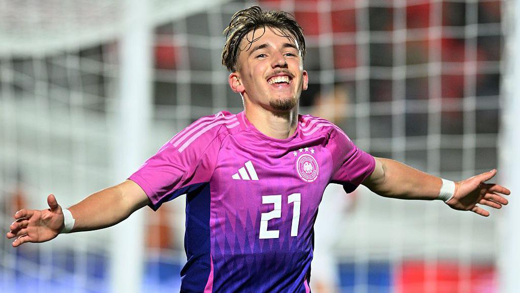 Lennart Karl celebrates scoring for Germany's U21s against Georgia