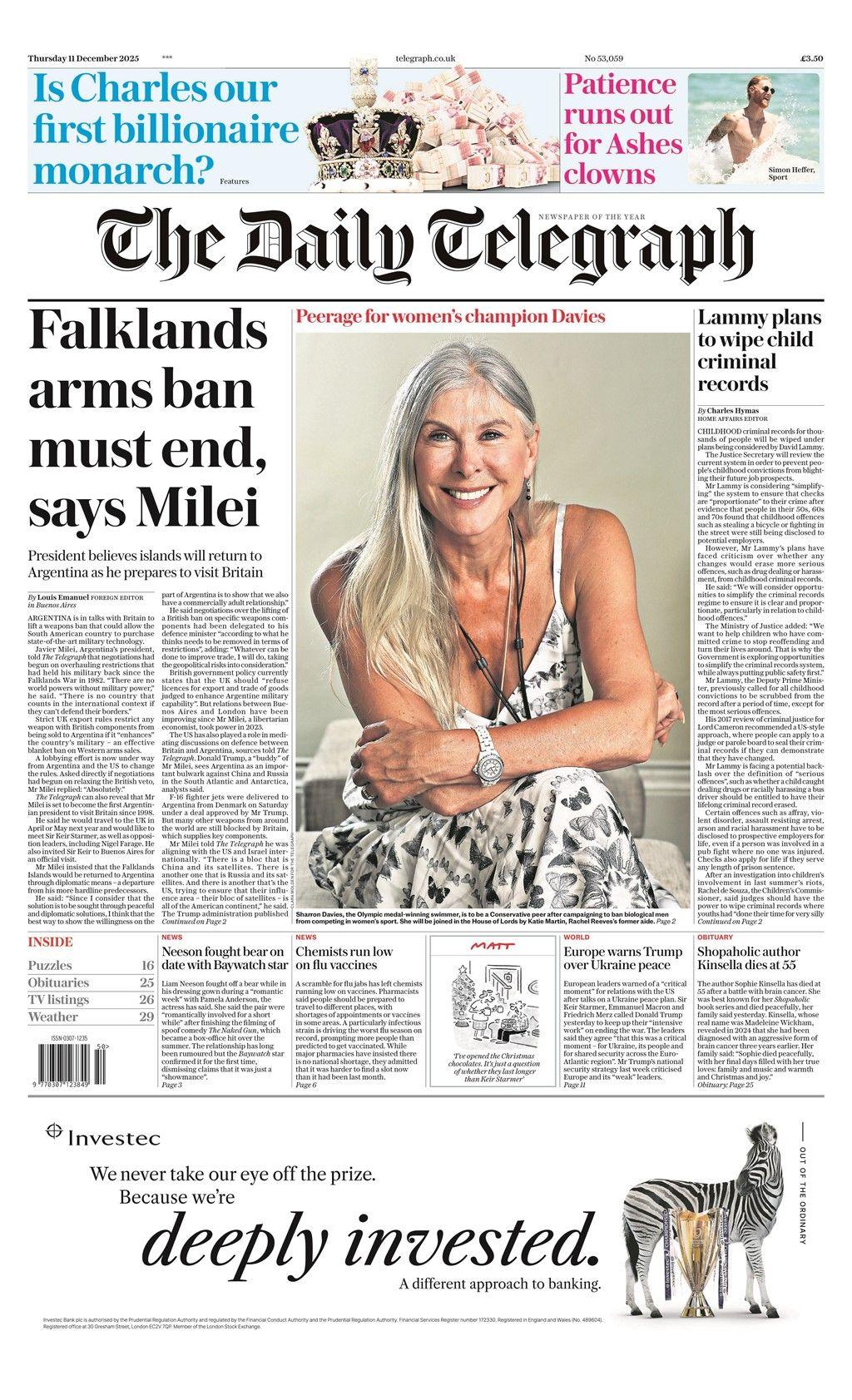 The headline on the front page of the Telegraph reads: “Falklands arms ban must end, says Milei”.