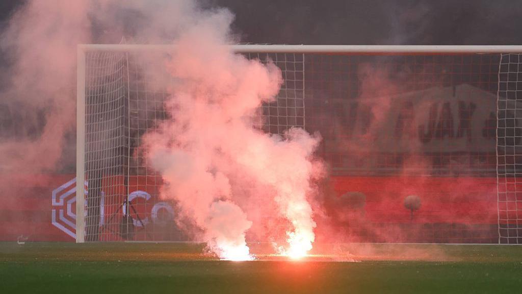 Fireworks on the pitch in front of the goal at the Johan Cruyff Arena