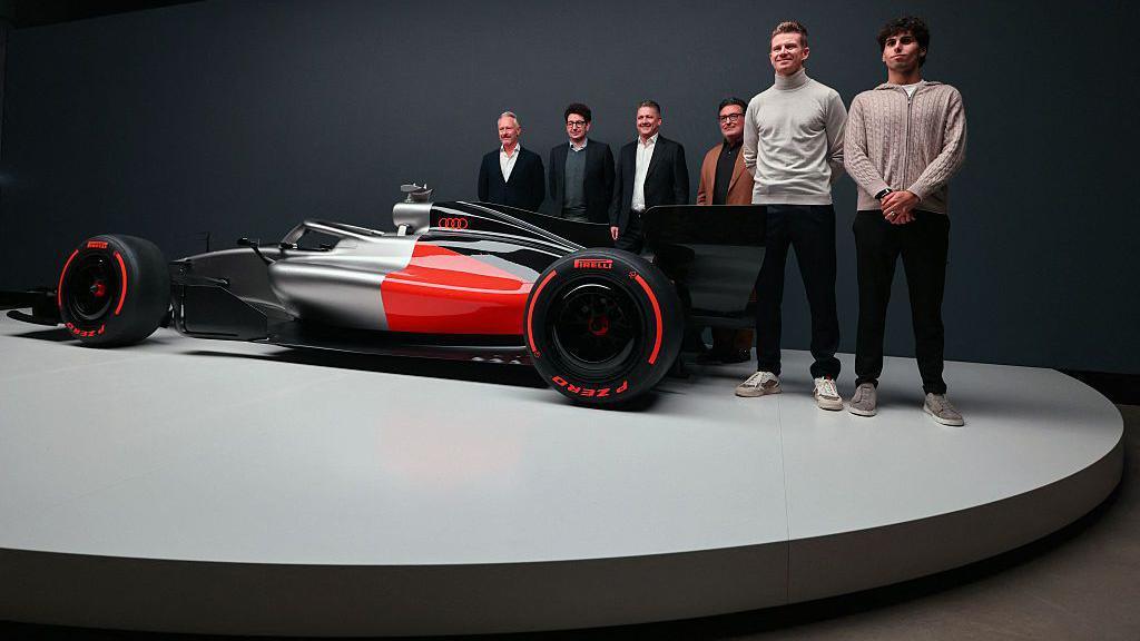 Gabriel Bortoleto, Nico Hulkenberg, Massimo Frascella, Gernot Doellner, Mattia Binotto and Jonathan Wheatley attend the presentation of their car of the Audi F1 factory team