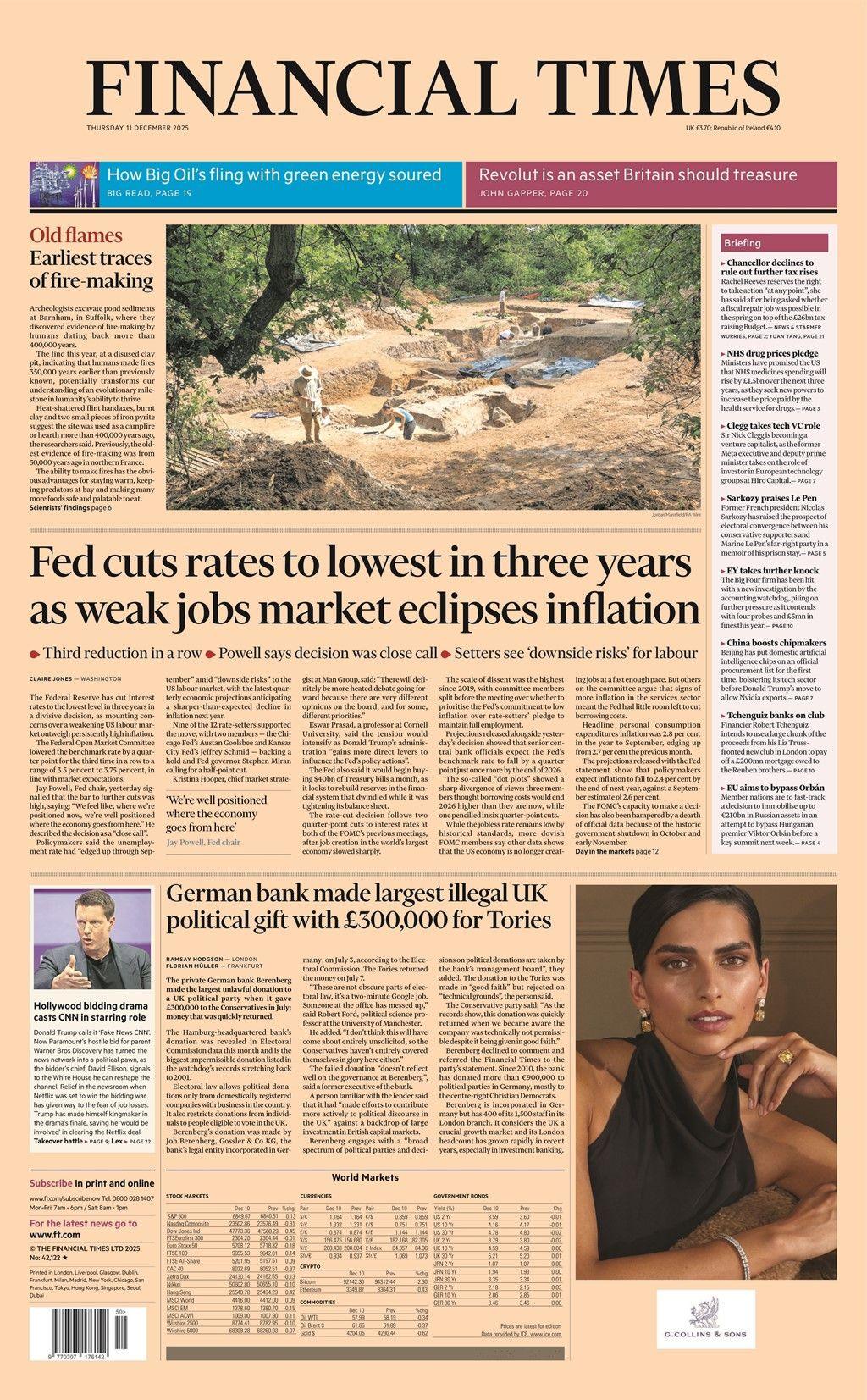 The headline on the front page of the Financial Times reads: “Fed cuts rates to lowest in three years as weak jobs market eclipses inflation”.