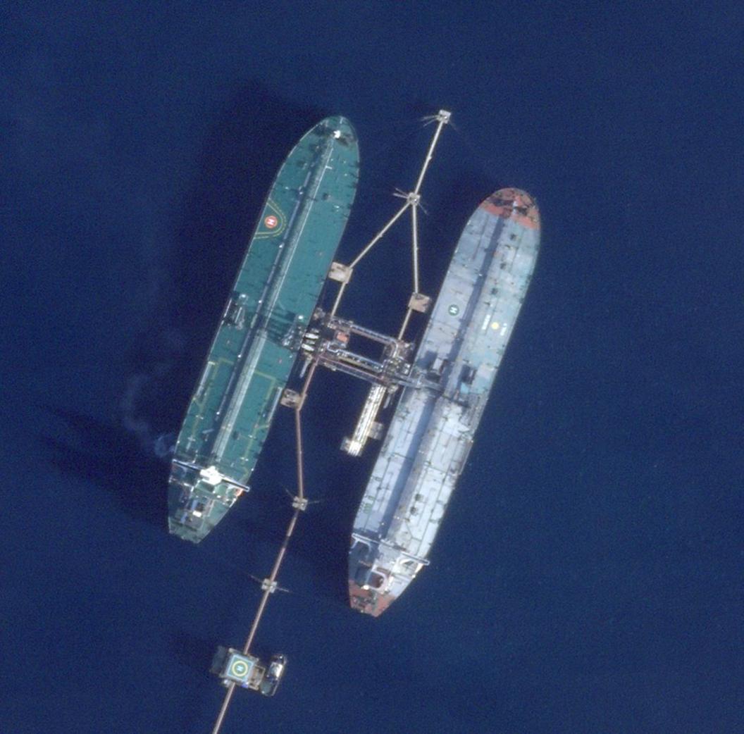 An overhead view of two oil tankers at sea