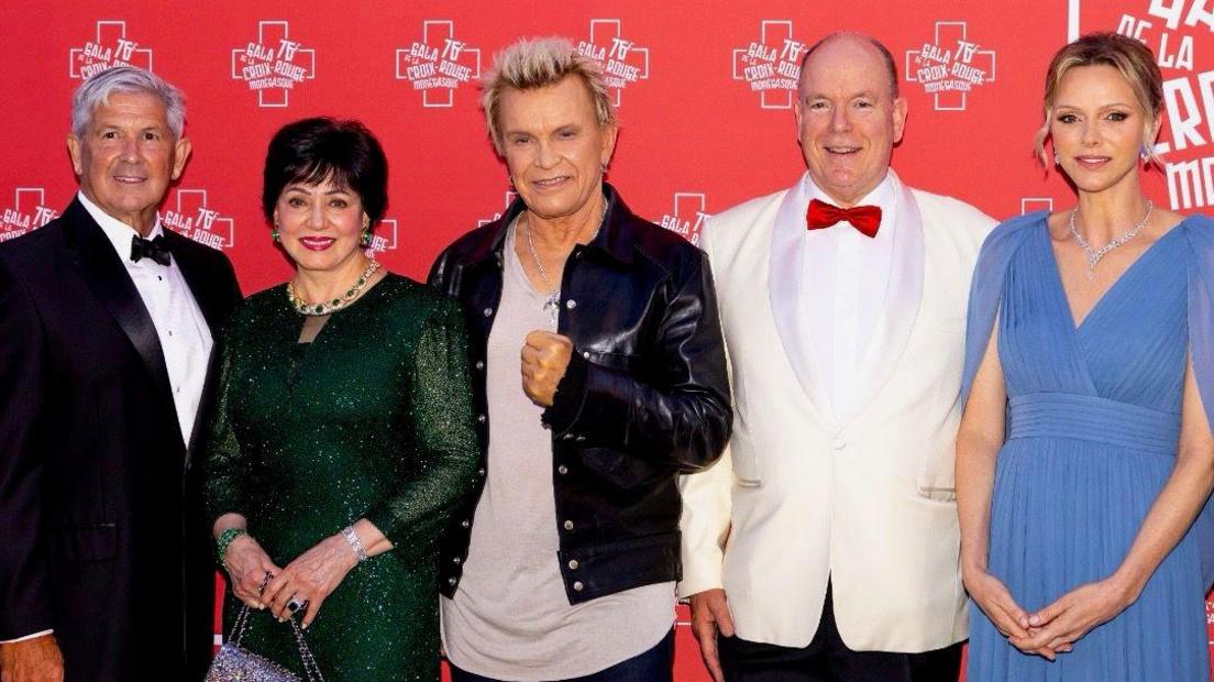 Greg Bensel with New Orleans Saints owner Gayle Benson, Billy Idol, Prince Albert II and Princess Charlene in Monaco in July 2025