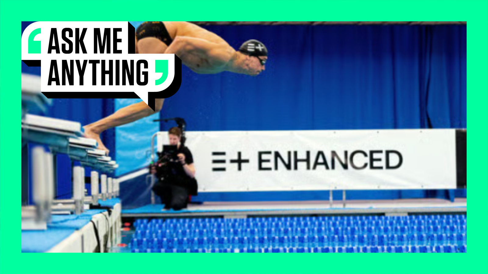 An image of a swimmer diving into a pool with the Enhanced branding behind him