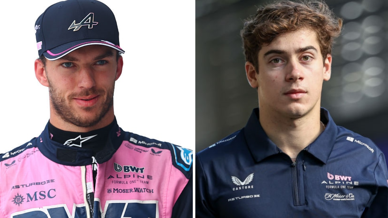 A split image of Pierre Gasly wearing Alpine's race uniform and Franco Colapinto in an Alpine pole shirt