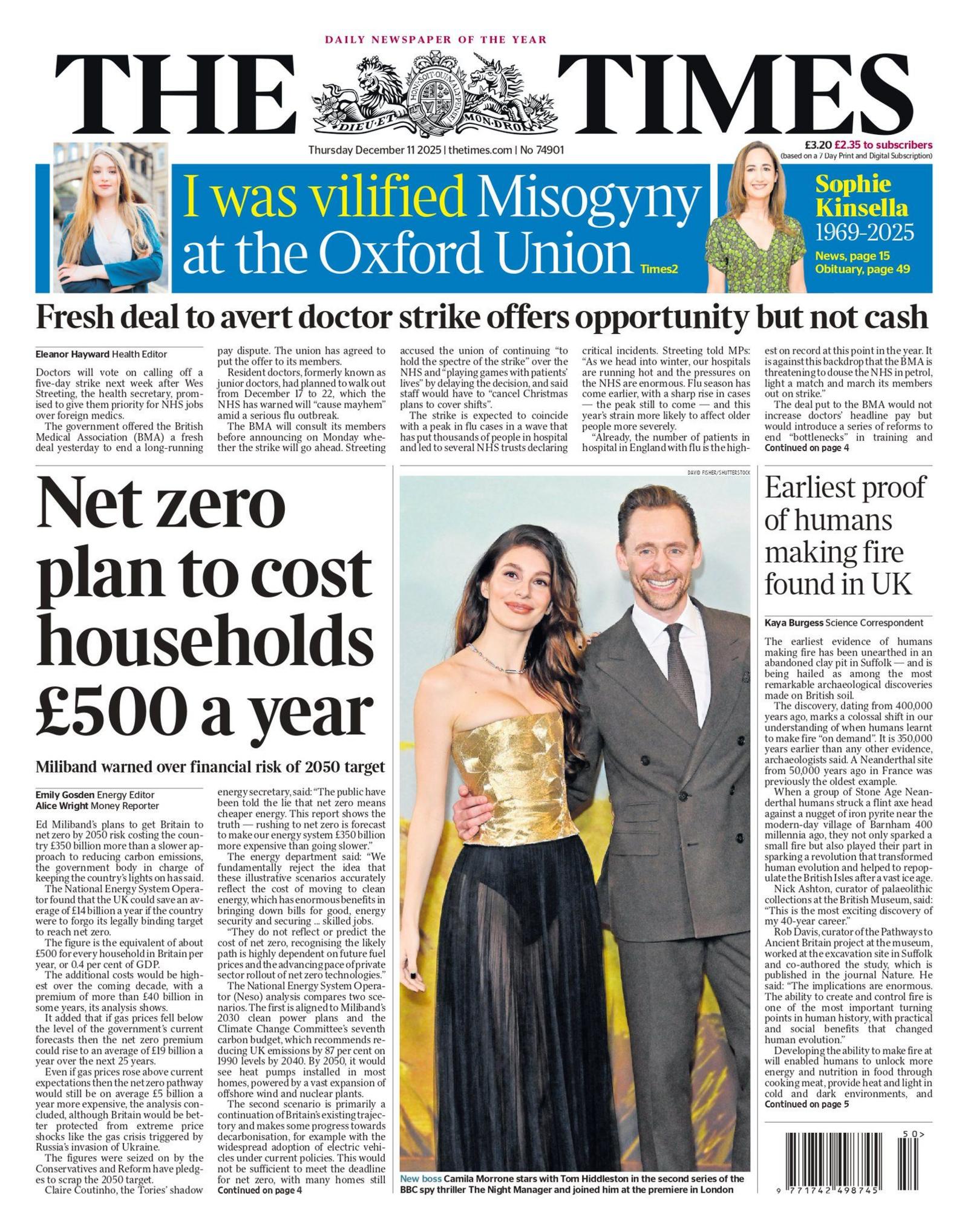 The headline on the front page of the Times reads: “Net zero plan to cost households £500 a year”.