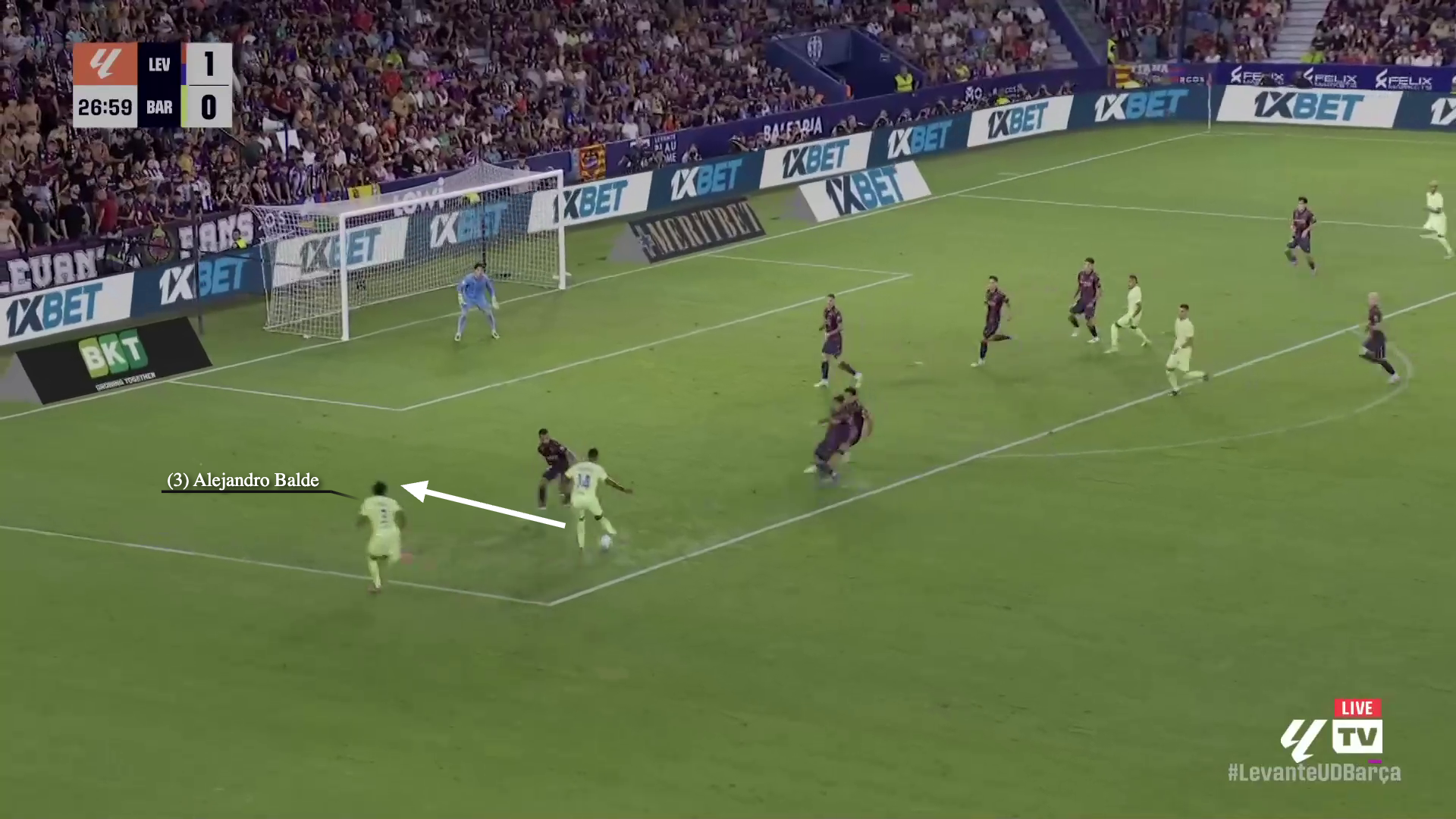 A screengrab showcasing Rashford's reverse pass to an overlapping Alejandro Balde.