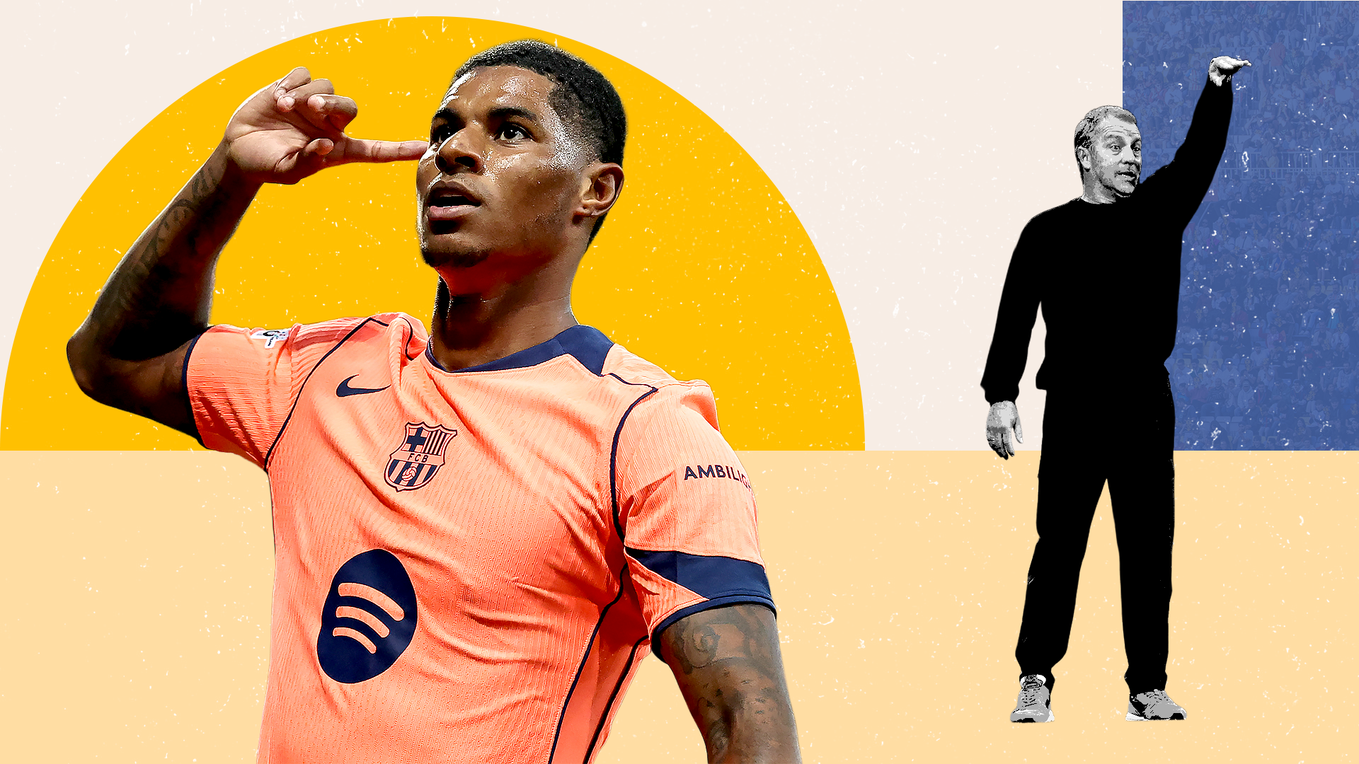 An image of Rashford celebrating and Hansi Flick gesturing in the background