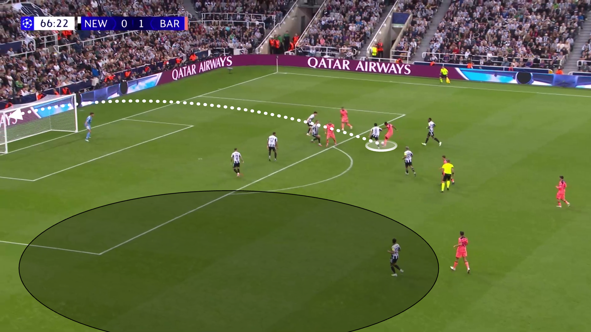 A screengrab showing Rashford's central position prior to his long range goal against Newcastle in the Champions League this season.
