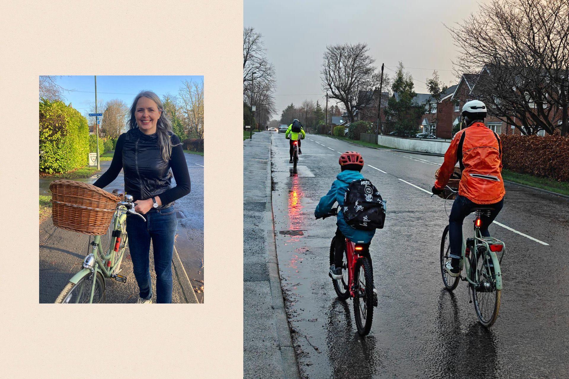 Left: Hazel Peacock next to a bike. Right: two cyclists on a road.