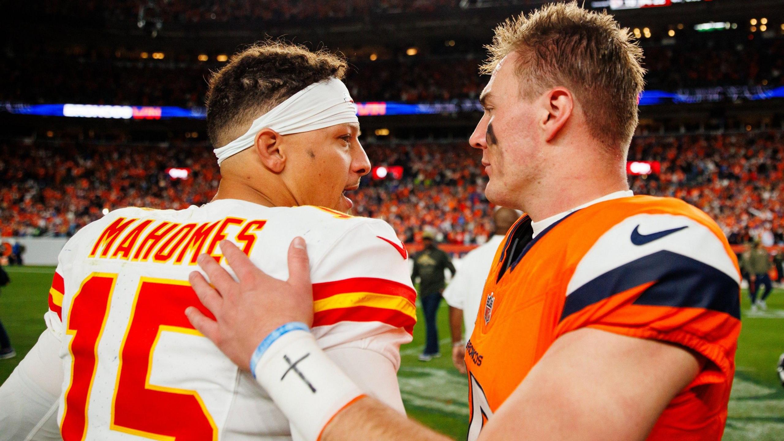 Bo Nix and Patrick Mahomes after the Broncos beat the Chiefs in the NFL