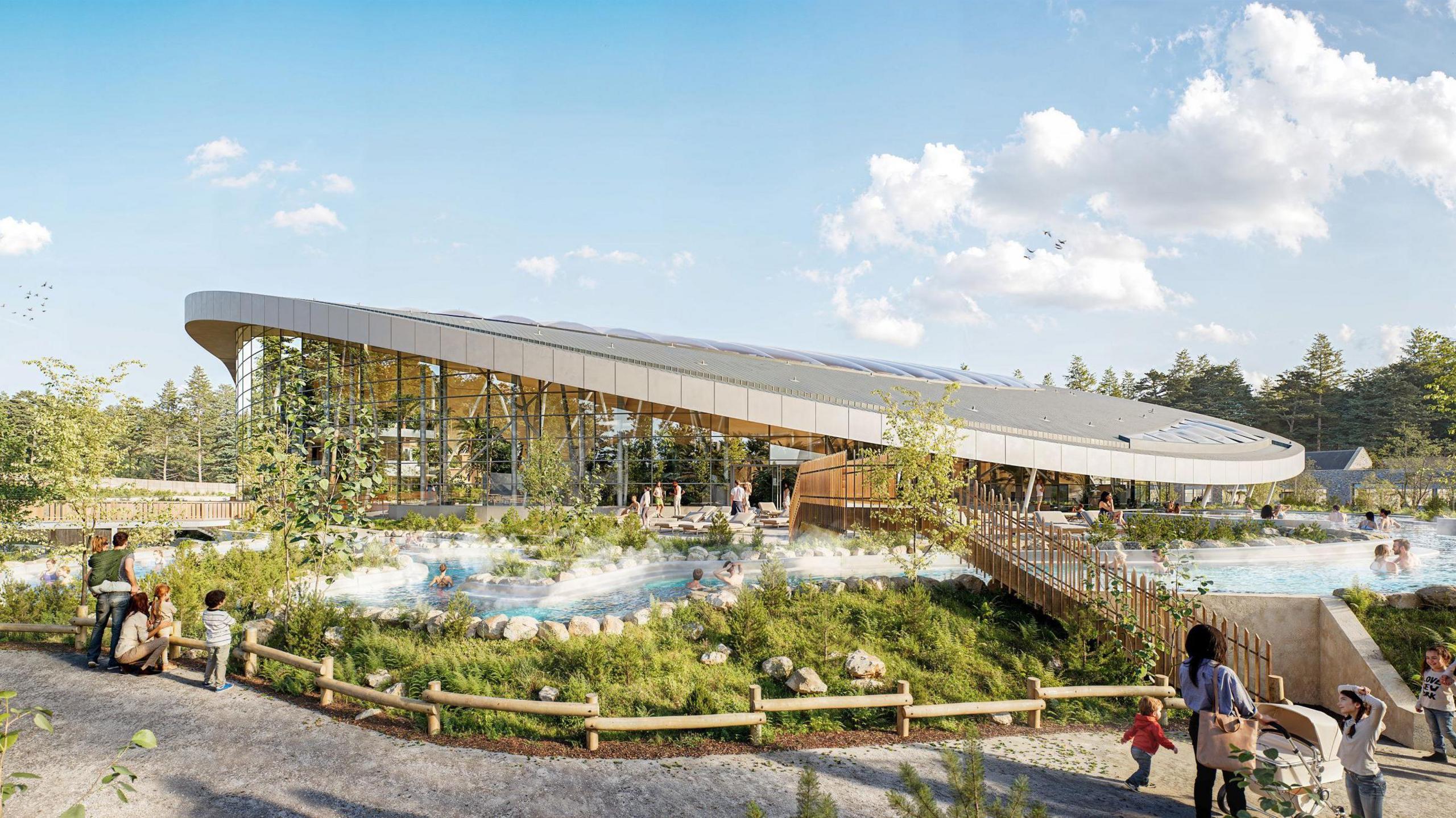 A drawing of a large modernist building with outdoor water features in the foreground