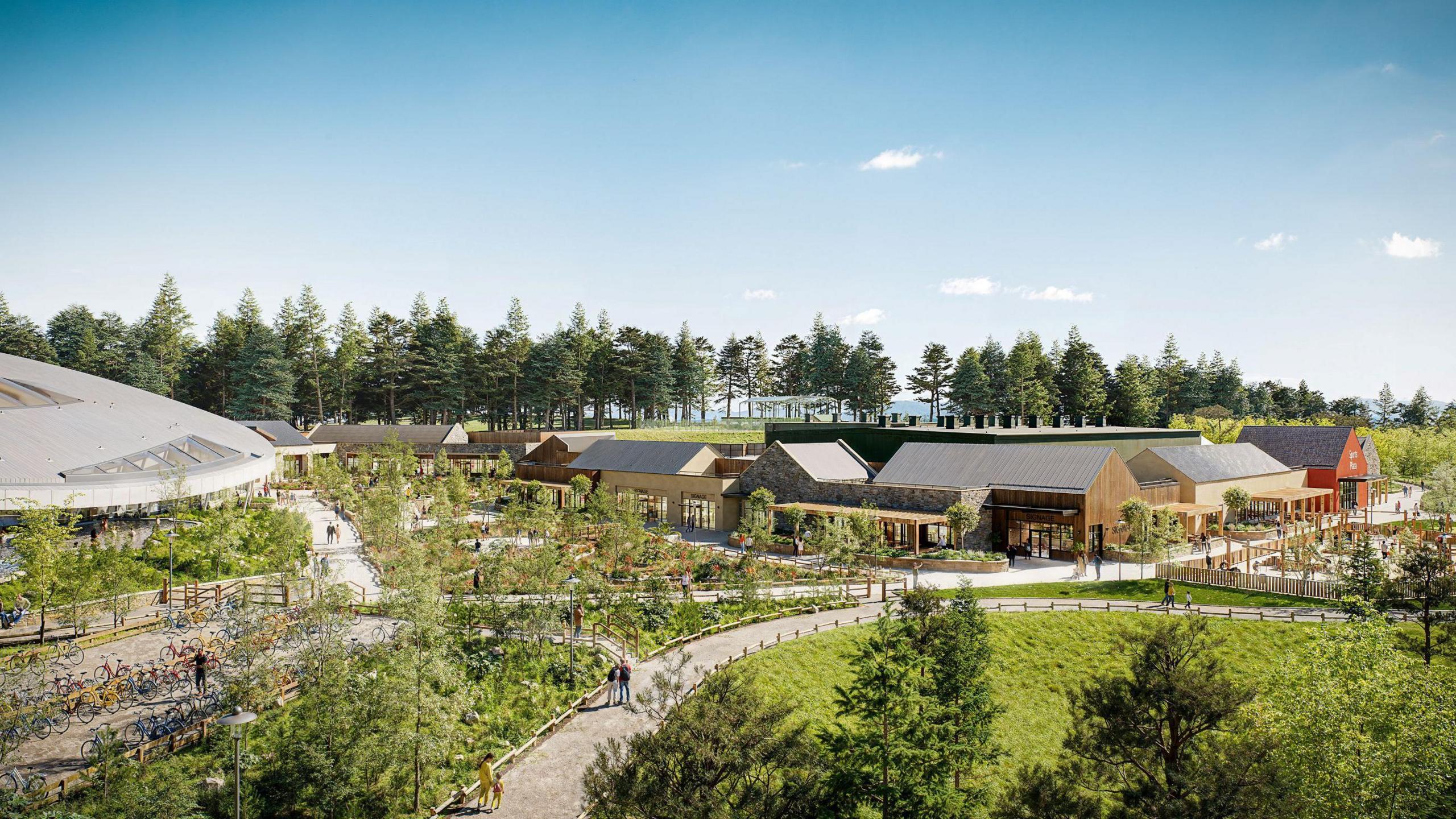 A computer generated image of how a Center Parcs near Hawick might look with wooden buildings and trees and people wandering along pathways