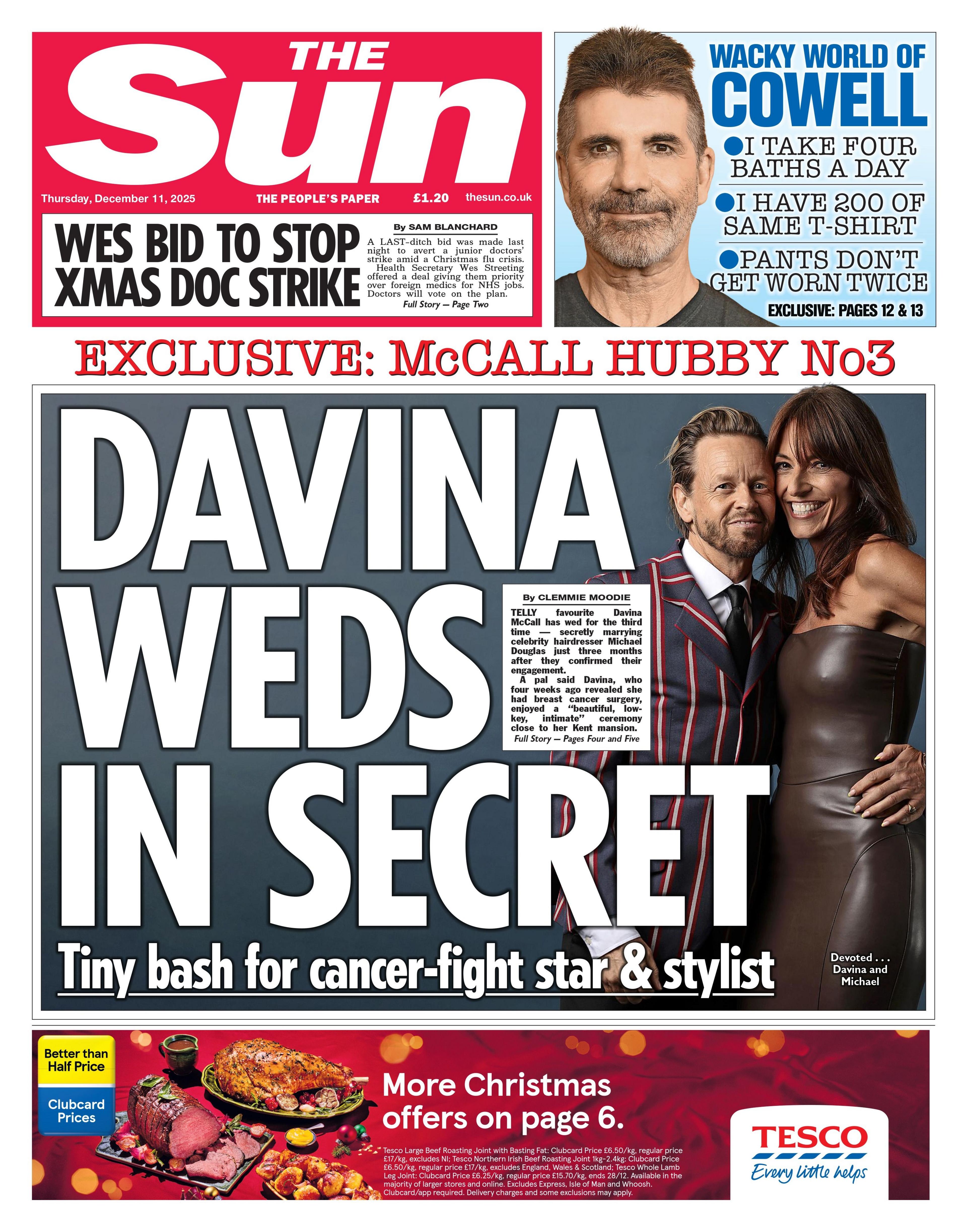 The headline on the front page of the Sun reads: “Davina weds in secret.