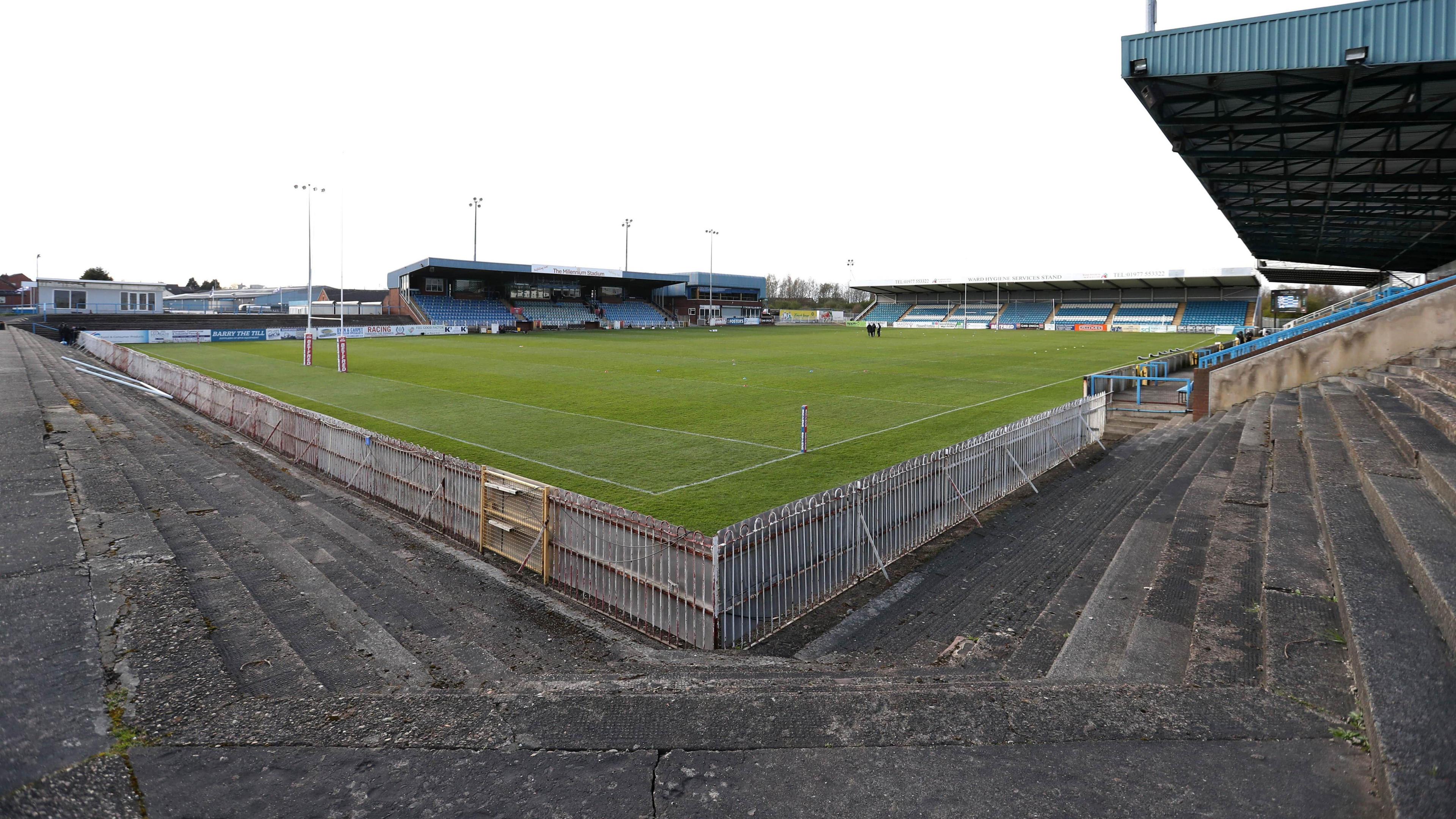 Featherstone Rovers' Millennium Stadium ground, pictured from a corner of the ground where the terraces are.