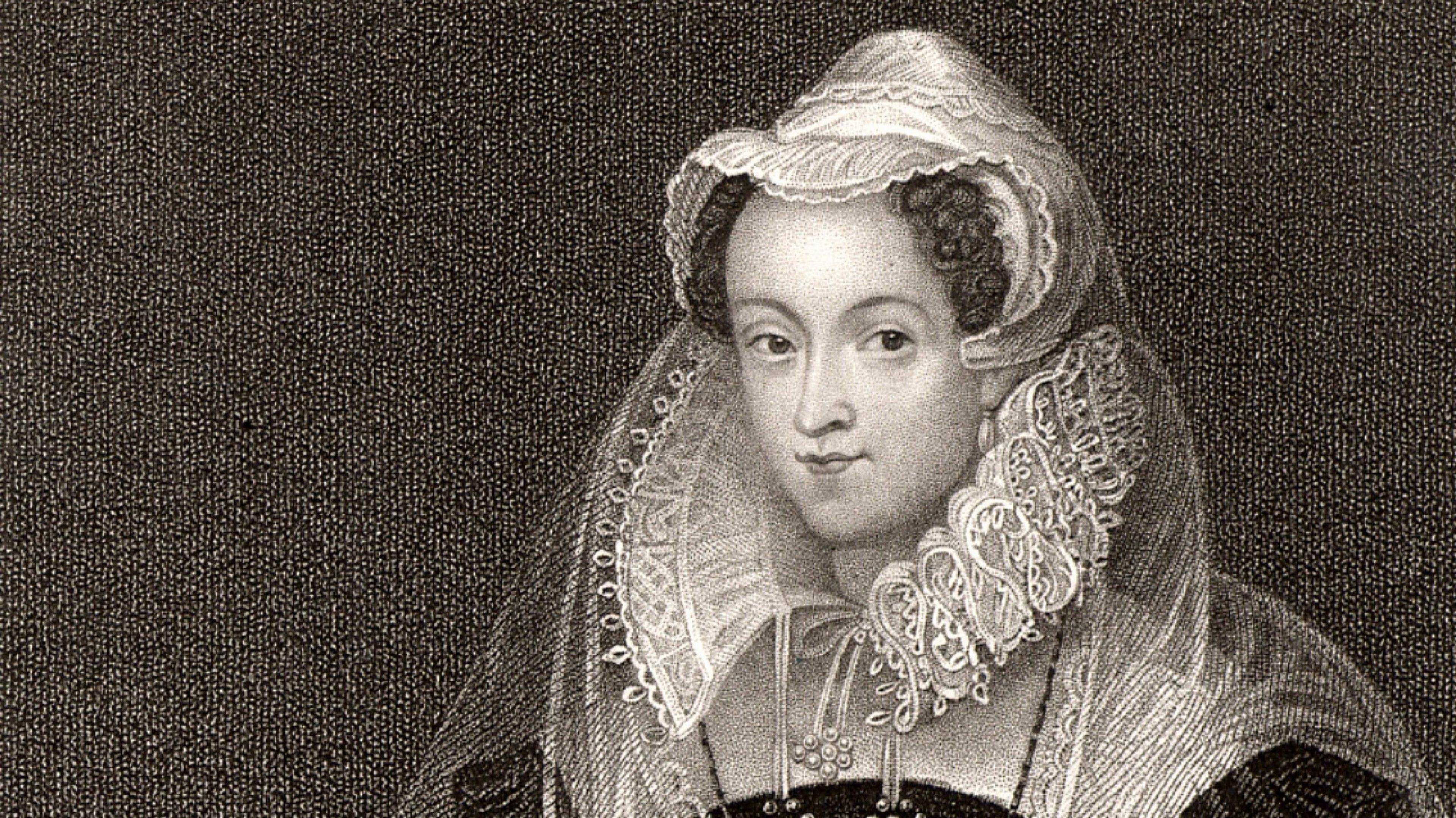 A black and white sketch of Mary wearing formal 16th century dress and head dress.
