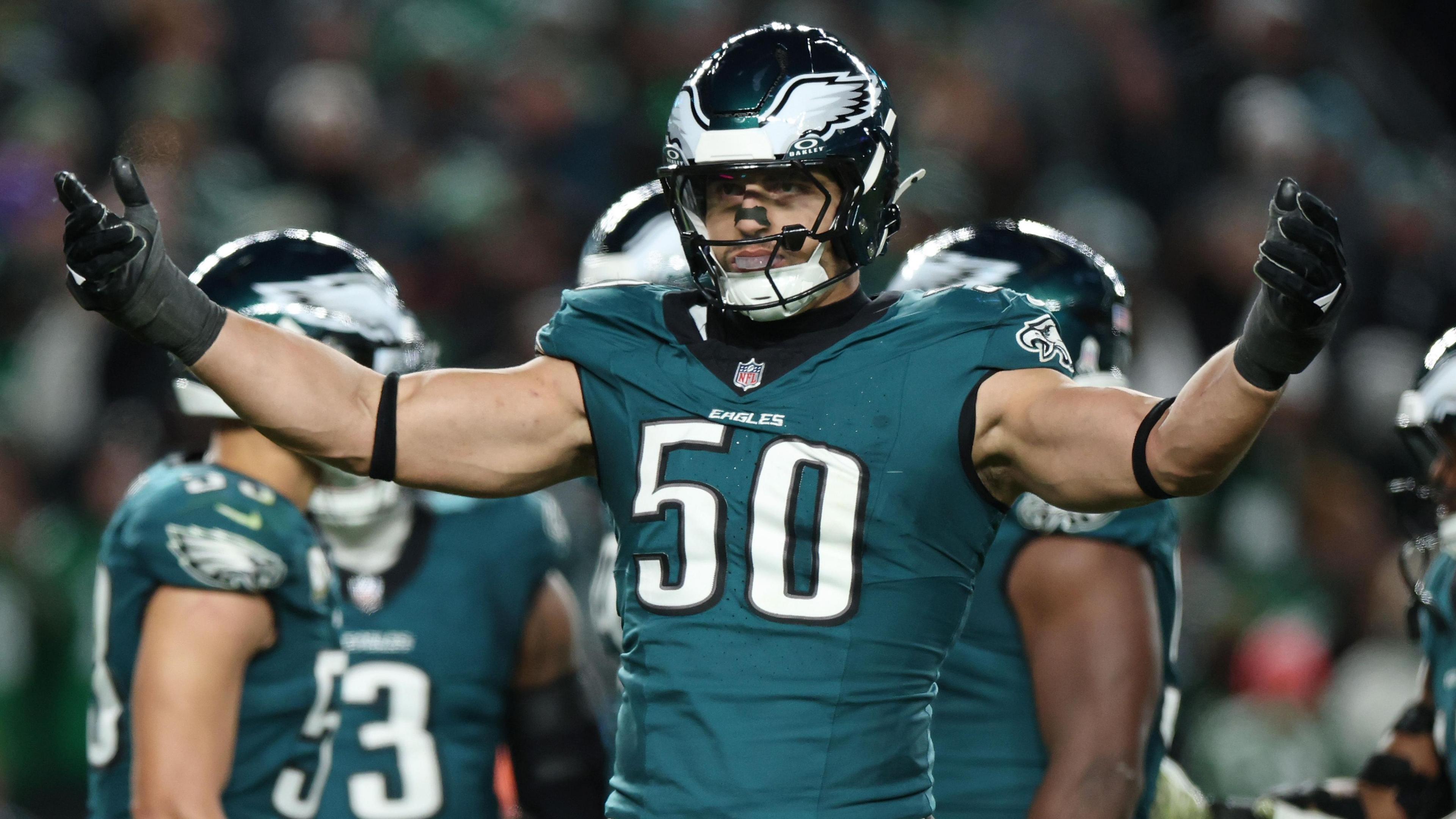 Jaelan Phillips celebrates for the Eagles