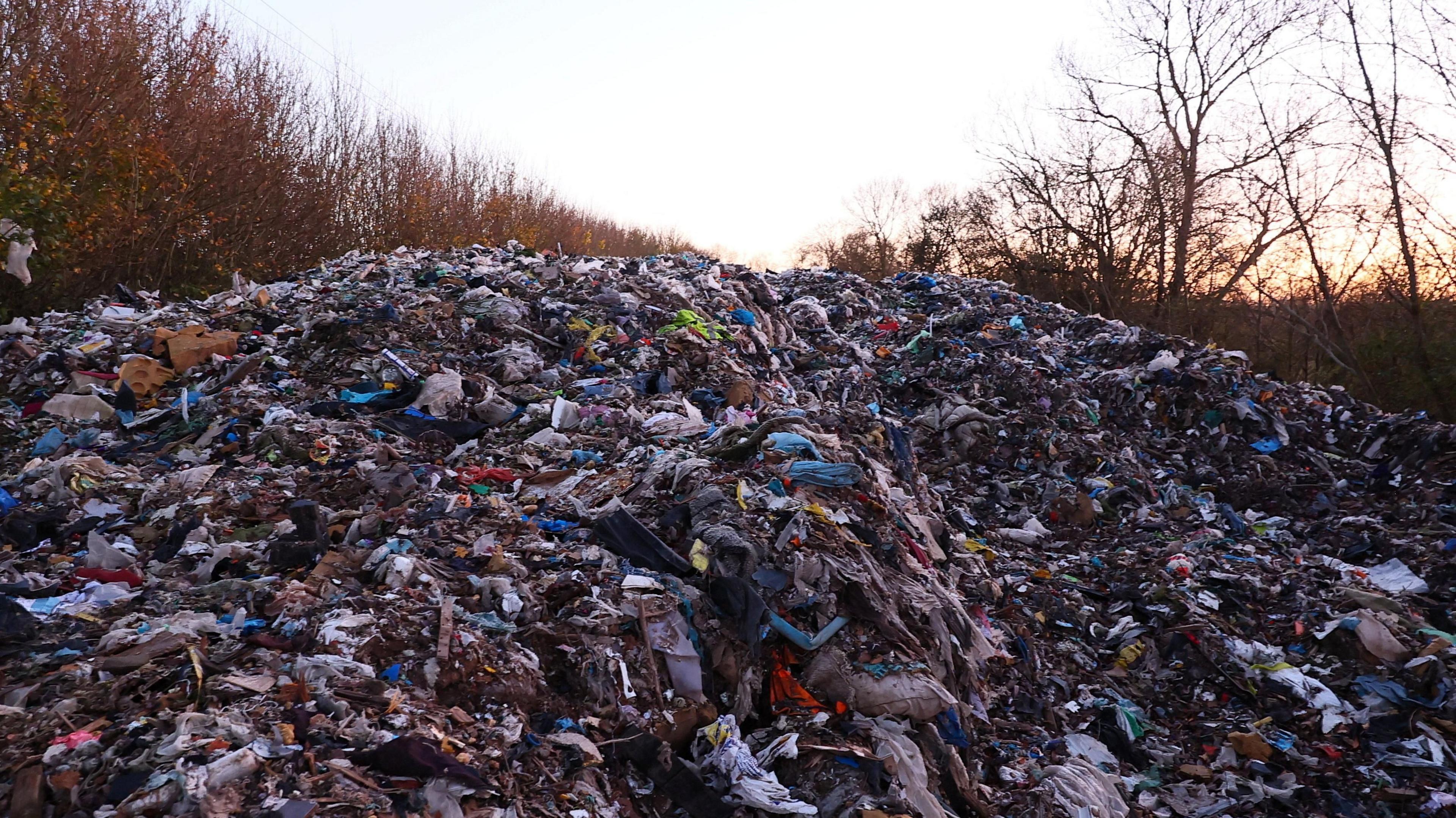 An enormous mountain of waste takes up most of the image. Behind the dump there are rows of bare, autumnal trees stretching off into the distance.