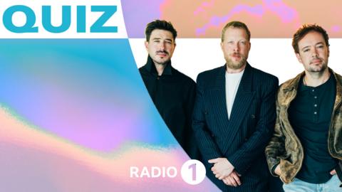 Members of band Mumford & Sons pose next to a colourful background and the word 'quiz'