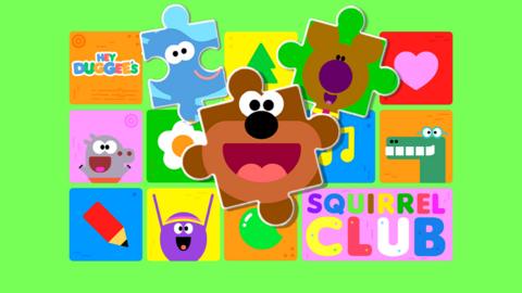 Hey Duggee Squirrel Club characters in jigsaw puzzle pieces.