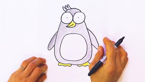 A piece of paper with a hand drawn Piripenguin framed by hands holding a pen.