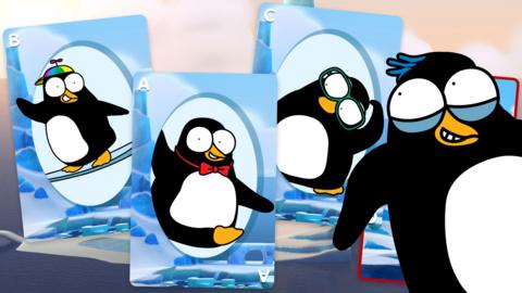 Cartoon penguins and some snap cards.