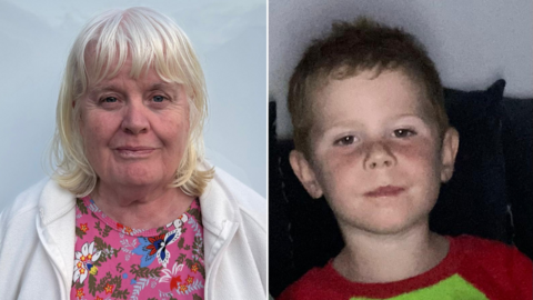 Composite image of Mary Holt (left) and Tadhg Farrell (right). Mary has shoulder-length blonde hair with fringe and brown eyes, wearing a white zip-up jacket and floral top. Tadhg has short brown hair and brown eyes, wearing a red and green pyjama top.