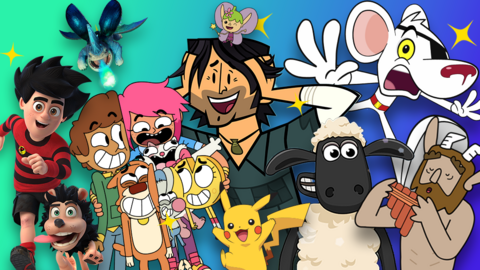 a busy Non-Stop Cartoons picture with lots of cartoon characters pulling different excitable poses. Against a gradient plain background going from green into purple.