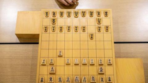 Shogi chess pieces arranged on a shogi board at the start of a game