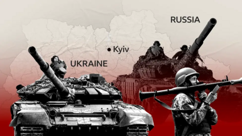 Stylised image showing a map of Ukraine overlaid with images of tanks and a soldier holding a shoulder launcher