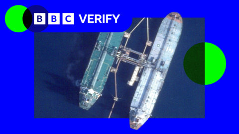 An image showing the seized tanker refuelling. It is imposed over the BBC Verify branding and colours.