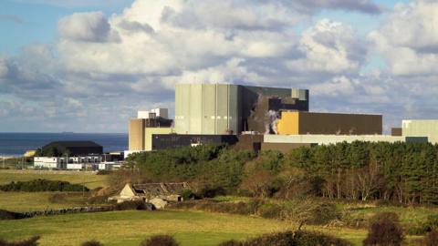 The Wylfa site, taken from a road with part of the tarmac visible as well as hedges and grass.