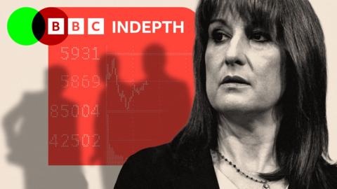 A treated image showing Rachel Reeves with shadow figures behind her