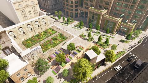 Picture shows an artist's impression of an aerial view of the planned development showing a public pedestrian area with trees and shrubs with seating and a road passing next to it