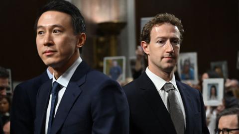 Shou Zi Chew, CEO of TikTok and Mark Zuckerberg, CEO of Meta, arrive to testify before the US Senate Judiciary Committee hearing,