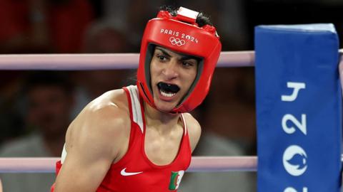 Imane Khelif fighting in the welterweight final at the 2024 Paris Olympics