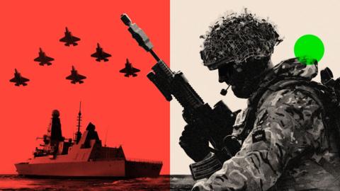 A treated image showing a soldier with a gun, and a ship