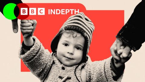 A child wearing a coat and hat, holding hands with their parents