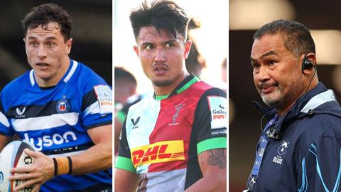 A composite image of Bath's Henry Arundell, Harlequins' Marcus Smith and Bristol's Pat Lam
