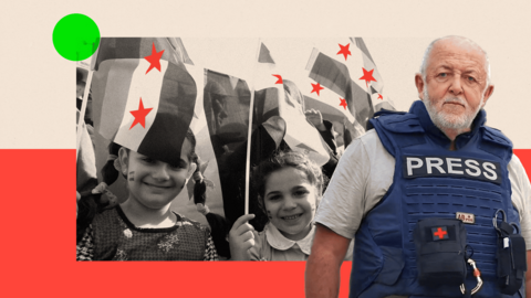 A treated image showing young children holding flags, an image of Jeremy Bowen is to the side