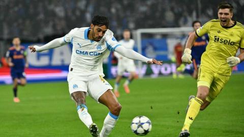 Pierre-Emerick Aubameyang scores for Marseille against Newcastle United in the Champions League game at the Stade Velodrome on 25 November, 2025