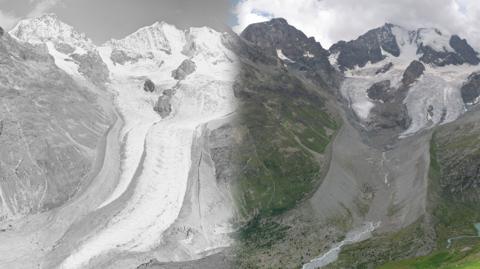 Blended image comparison of the Tschierva Glacier in 1935 on the left and 2022 on the right. The glacier extends far down the valley in 1935 but has retreated way up the valley by 2022.