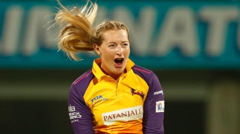 Sophie Ecclestone celebrates taking a wicket for UP Warriorz in the Women's Premier League